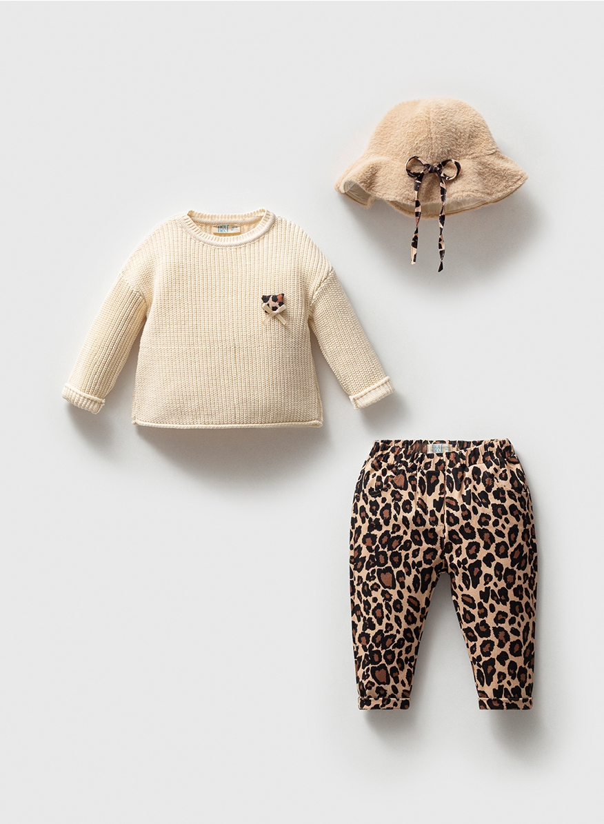Leopar Desenli Şapkalı Üçlü Takım
