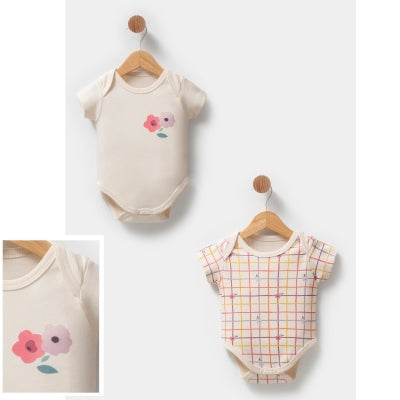 Çiçekli Ekose Desenli Kısa Kollu Body 2’li Set